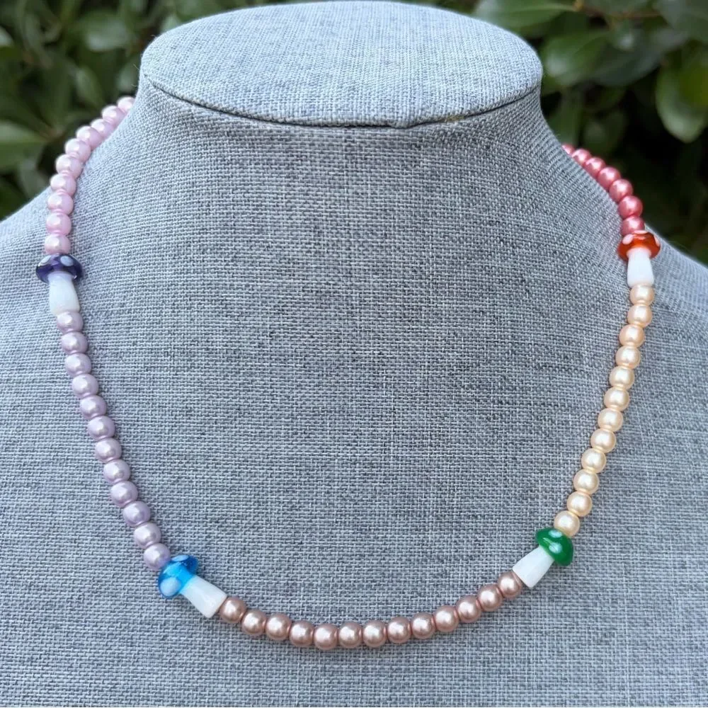 Two (2) Urban Outfitters OU Layering Blue Mushroom Sundial Beaded Necklaces NWT